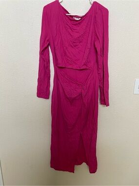 Long-Sleeve Magenta Twist-Front Midi Dress